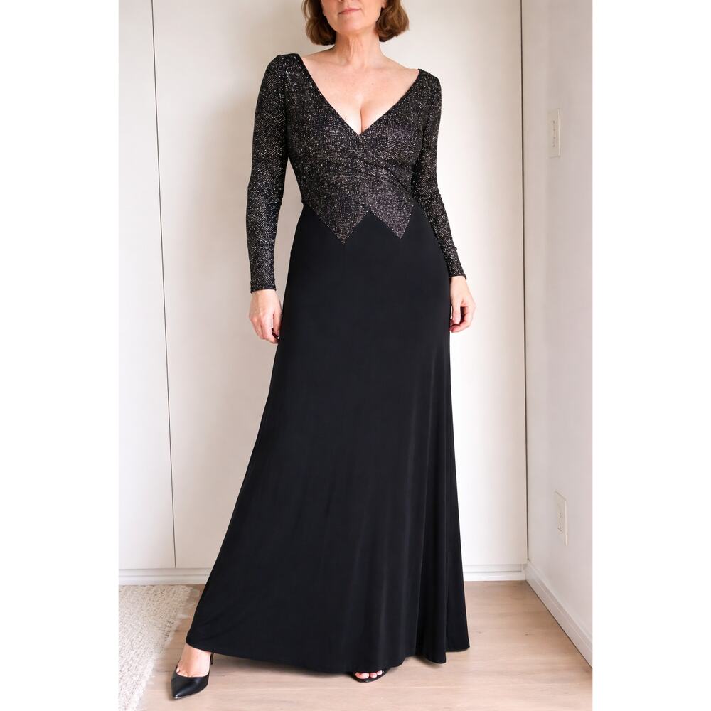Vintage 90s Tadashi Black Metallic Gown Medium Sexy Glam Formal Made USA